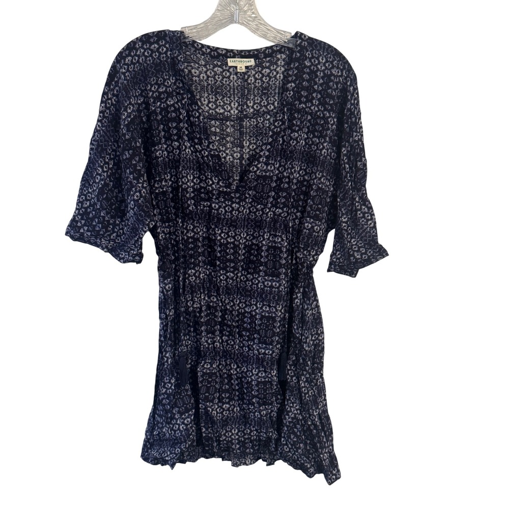 Earthbound Trading Co Womens Navy Blue Geometric Top Smocked Waist M Boho Hippie